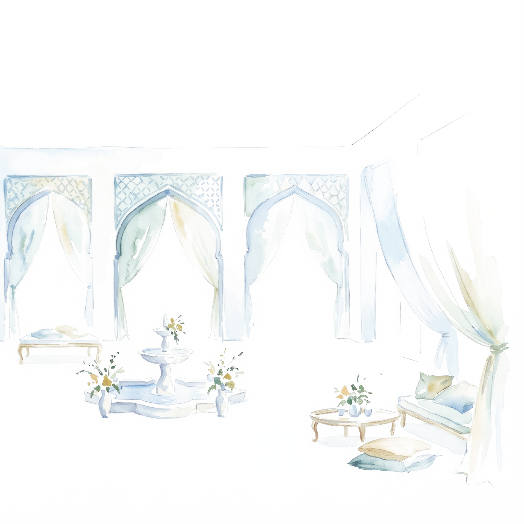 Watercolor painting of a bright interior with arched windows, curtains, a classical column, and a coffee table with vases and flowers.