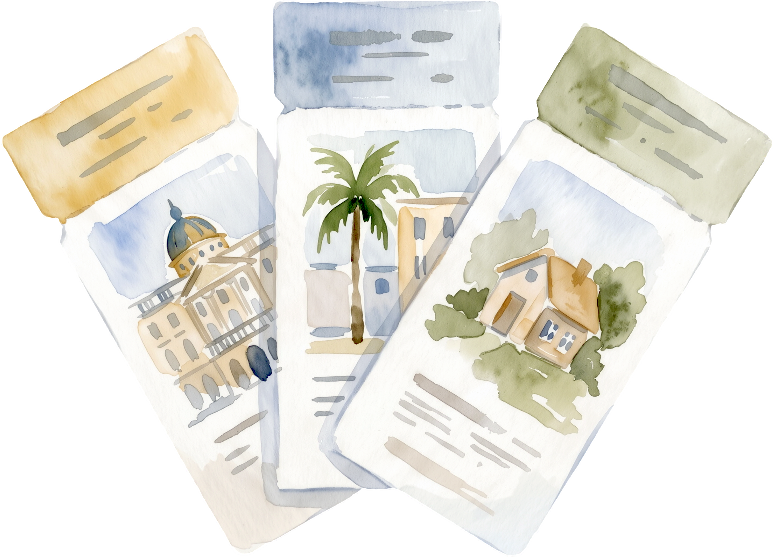 Watercolor illustration of a cityscape with buildings, a tree, and a clear sky.