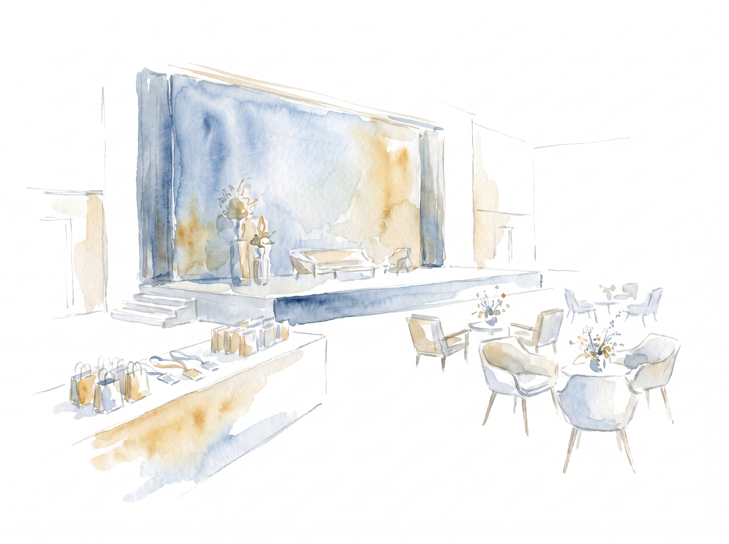 A watercolor painting of an interior space with a stage, chairs, tables, and decor.