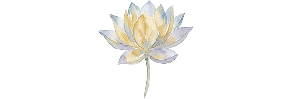 Watercolor illustration of a lotus flower in soft gold, dusty blue, and lavender with a sage green stem