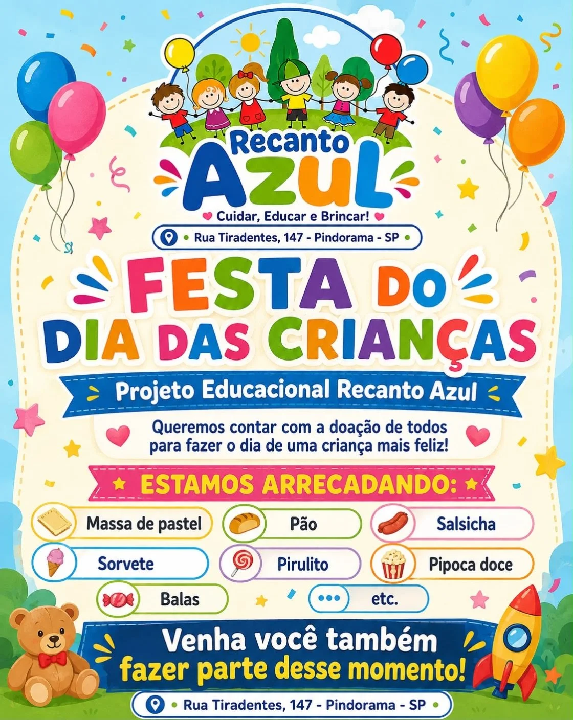 Estamos arrecadando doa&ccedil;&otilde;es para a nossa Festa do Dia das Crian&ccedil;as!
Quem puder contribuir com algum dos itens da imagem, ser&aacute; muito bem-vindo e ajudar&aacute; a tornar esse dia ainda mais especial para nossas crian&ccedil;