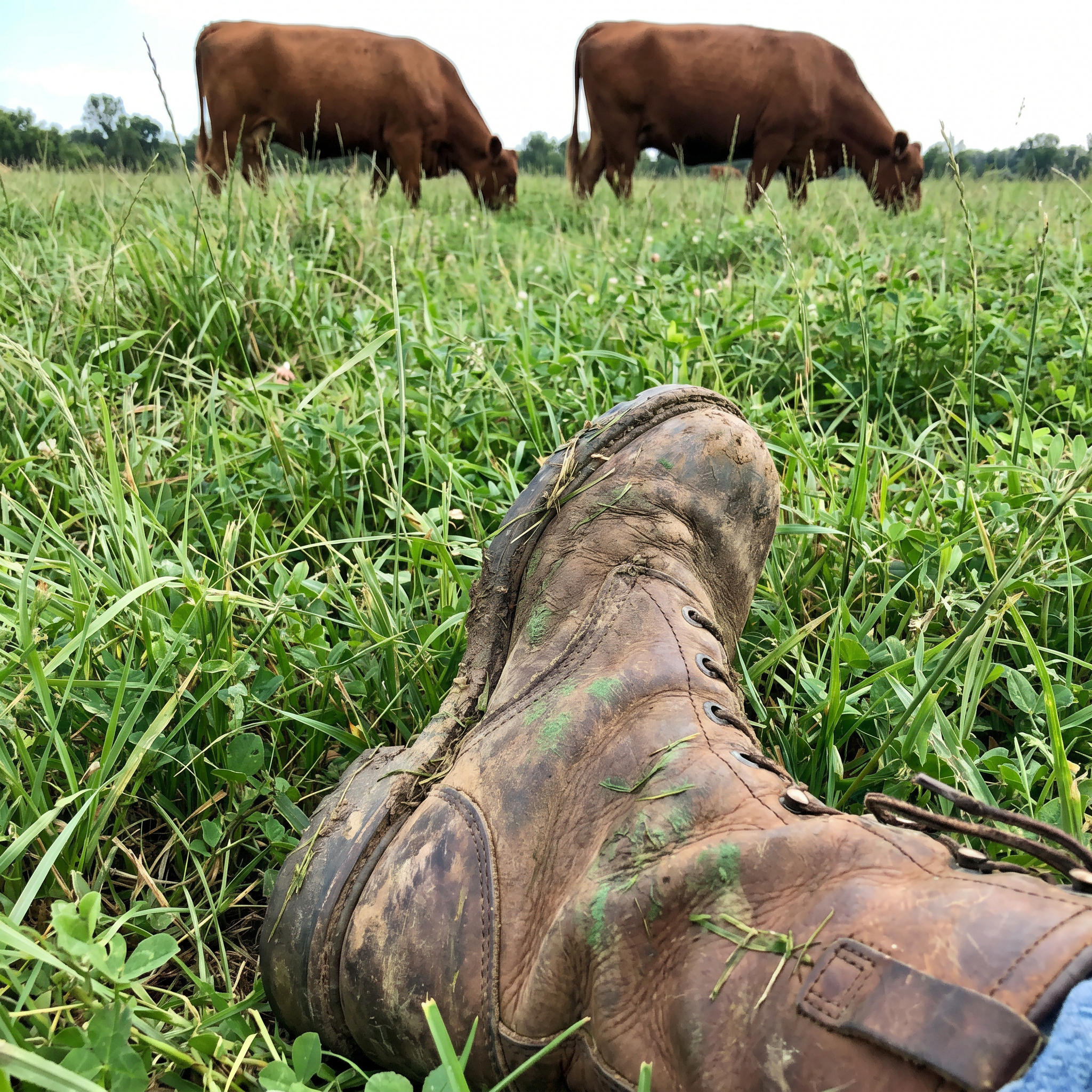 Dirty, grass-stained ranching boots sitting down in pasture with cattle in background