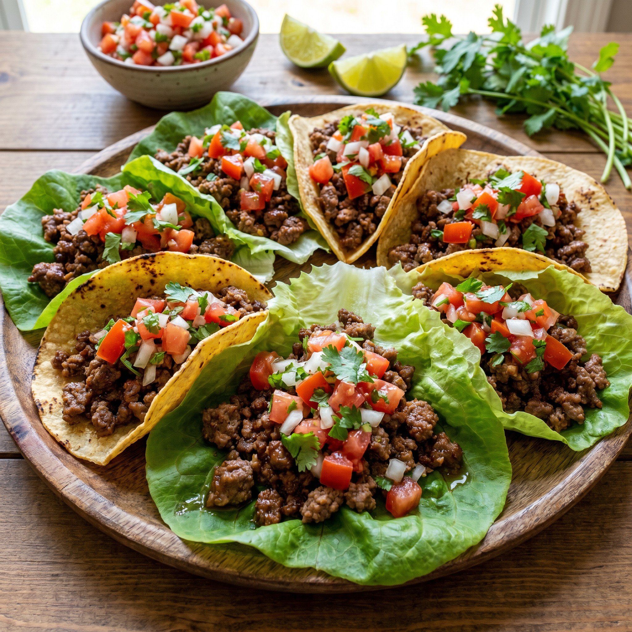 A platter of 100% grass-fed beef tacos topped with fresh tomato and onion salsa
