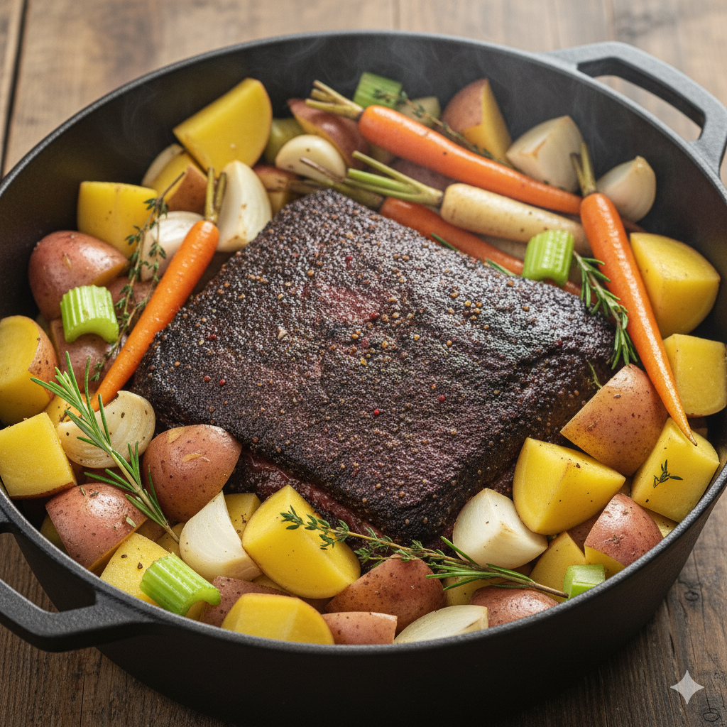 Sliced slow-braised grass-fed beef brisket with root vegetables.