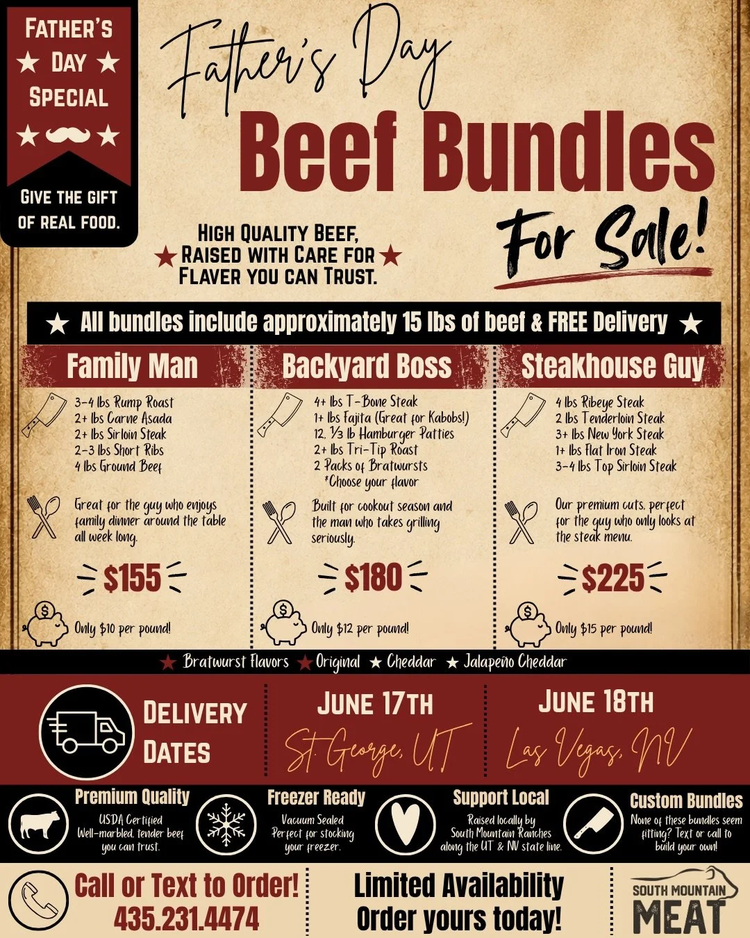 Gear up for Father&rsquo;s Day!

Skip the tie this year and give him some natural, angus beef that can be enjoyed long after Father&rsquo;s Day. 🥩 

Choose the bundle that best fits the man you&rsquo;re buying for OR let us help build a CUSTOM bundl