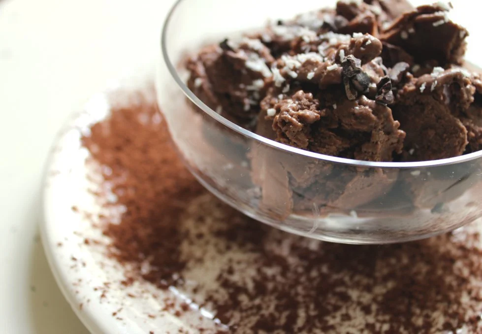 Schale mit gesundem Schokoladen-Eis fuer Kinder