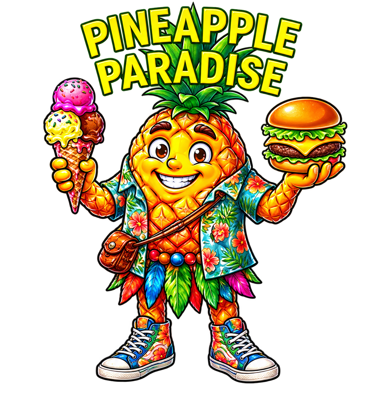 Pineapple Paradise mascot holding an ice cream cone and burger