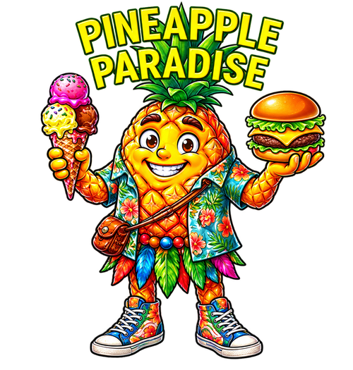 Pineapple Paradise mascot holding an ice cream cone and burger