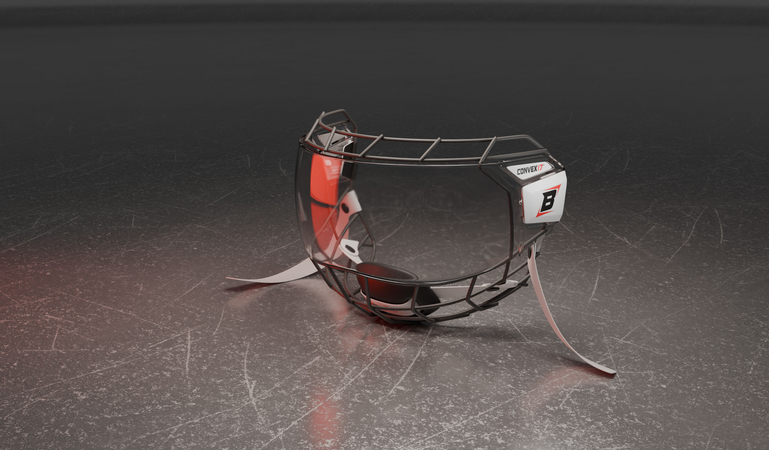 A hockey goalie mask helmet with a metallic frame, decorated with red, white, and black accents, placed on a textured dark surface.