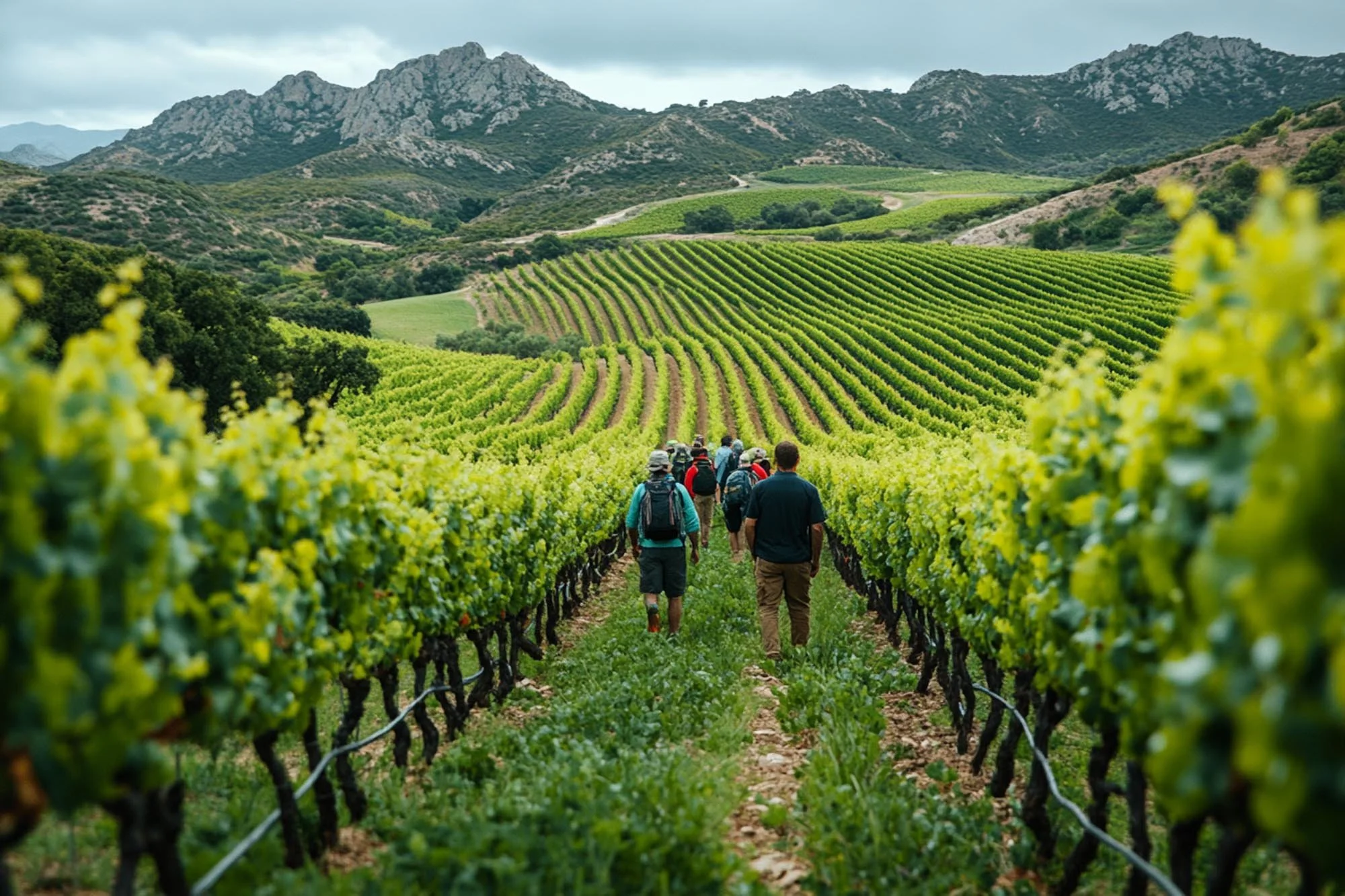Group of people walking through a lush green vineyard with rolling hills and mountains in the background.