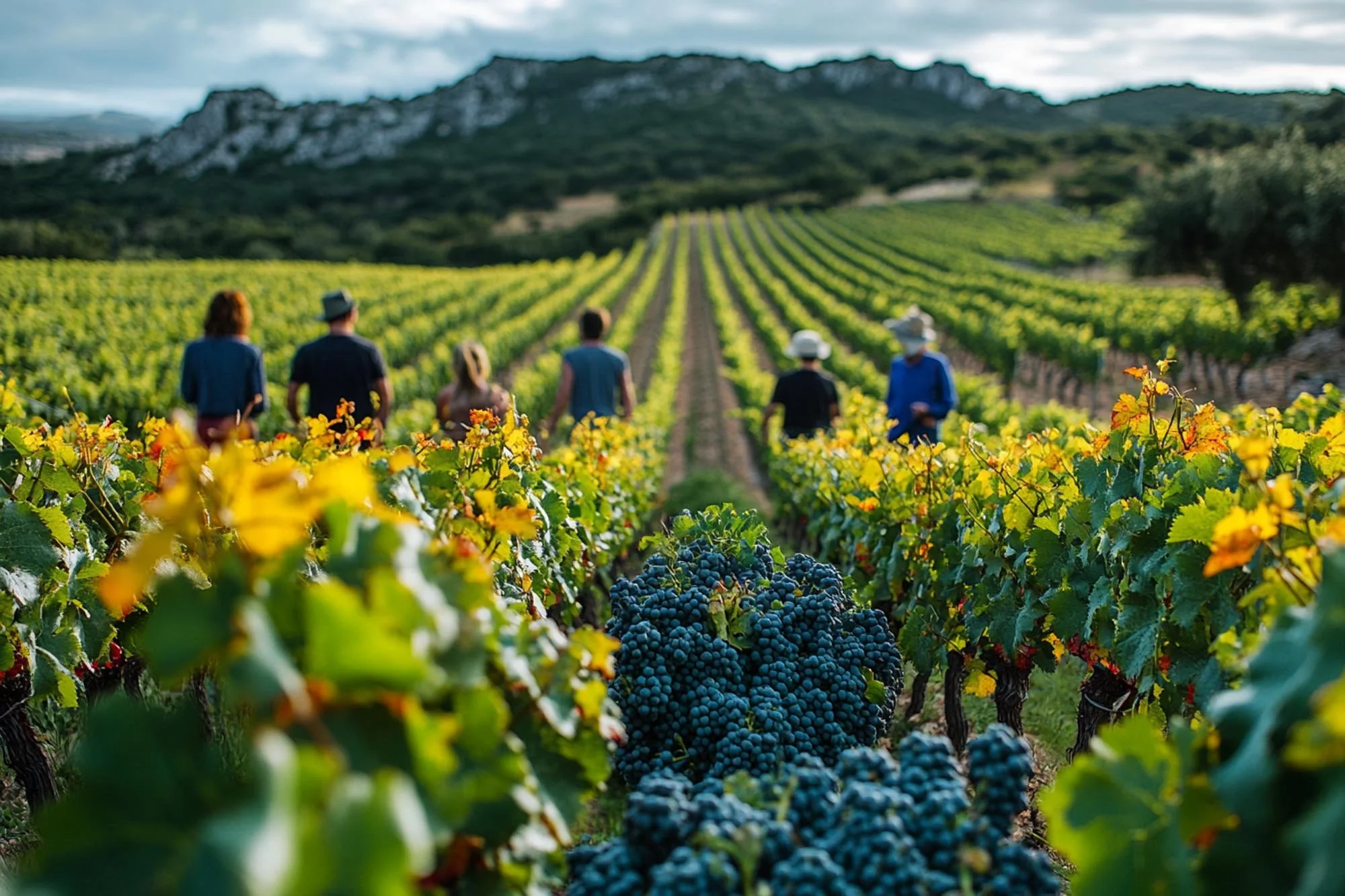 Group of people walking through grape vineyard with mountains in background.