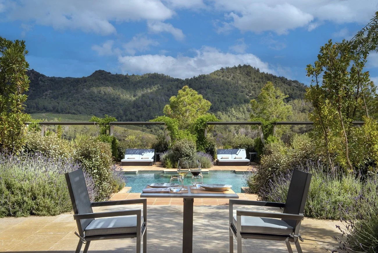 A backyard with a swimming pool, two chairs at a table, wine glasses, lush greenery, mountain landscape in the background, and a blue sky with clouds.