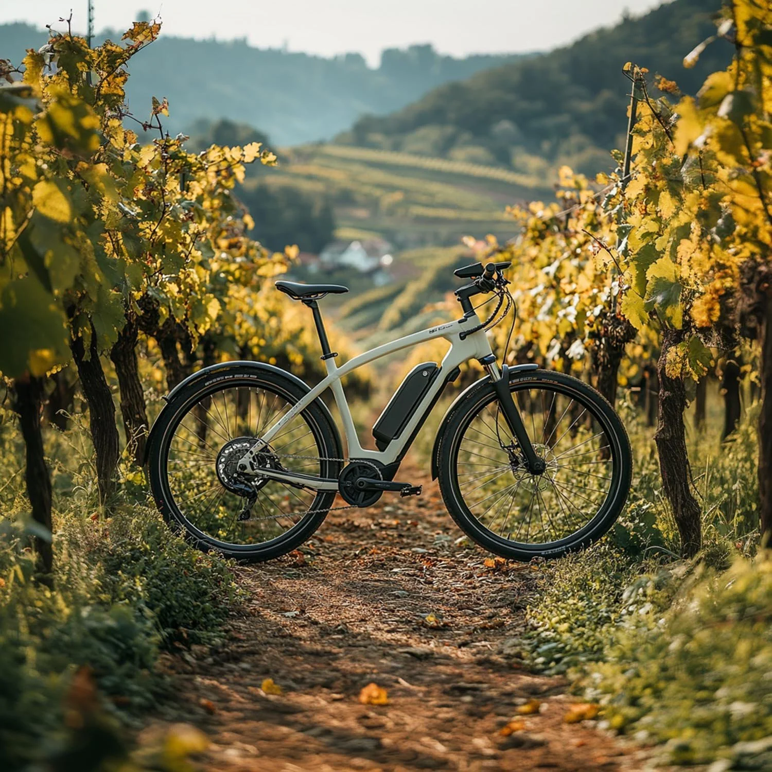 An electric bicycle on a dirt path in a vineyard with rolling hills in the background.