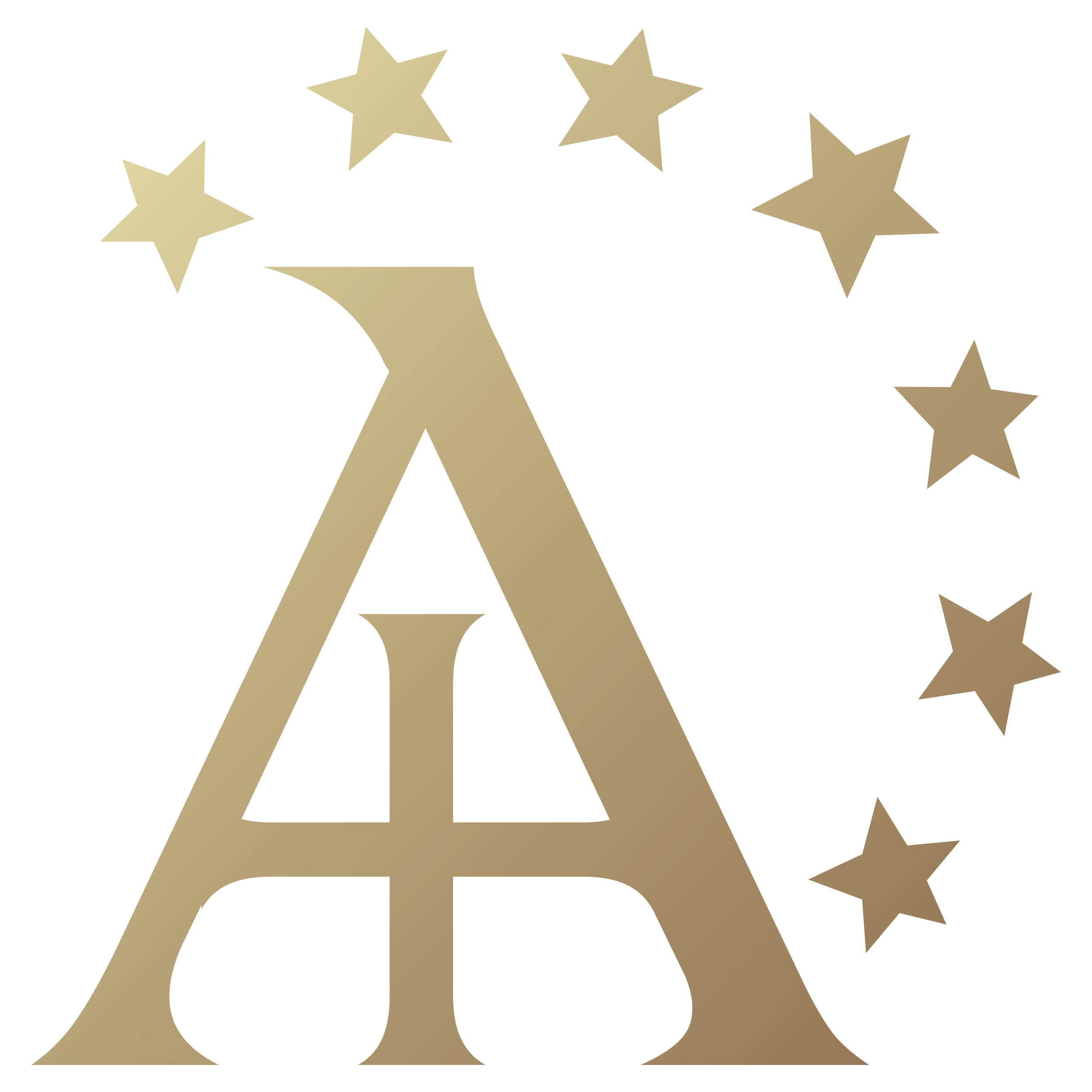 Gold letter A with a circle around it, surrounded by seven gold stars of varying sizes.