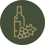 Outline of a wine bottle and bunch of grapes on a dark green background.