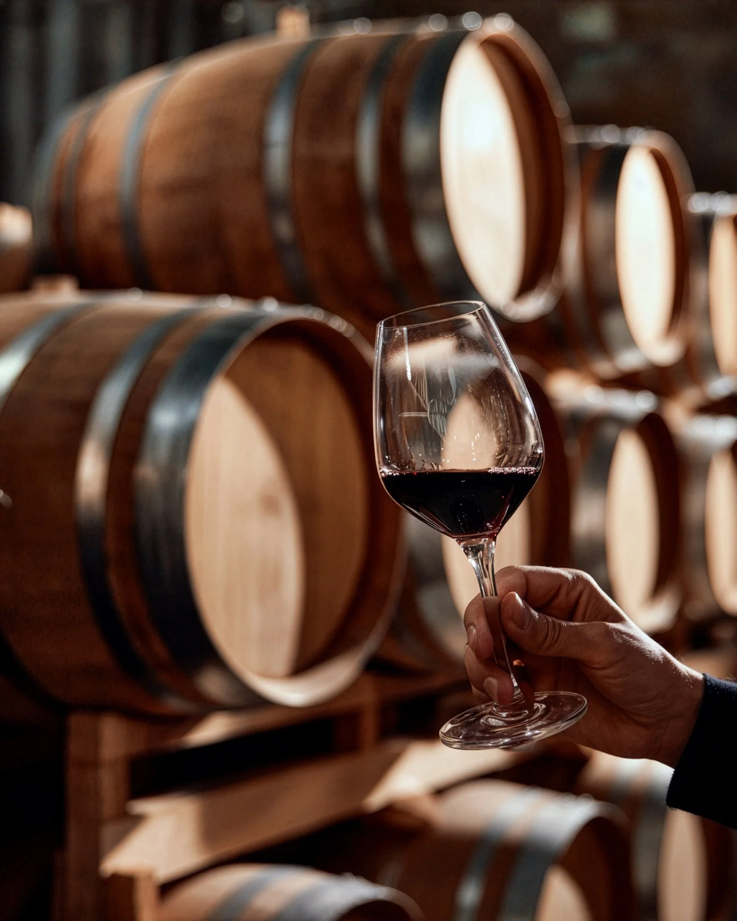 A person holding a glass of red wine in front of stacked wine barrels in a winery.