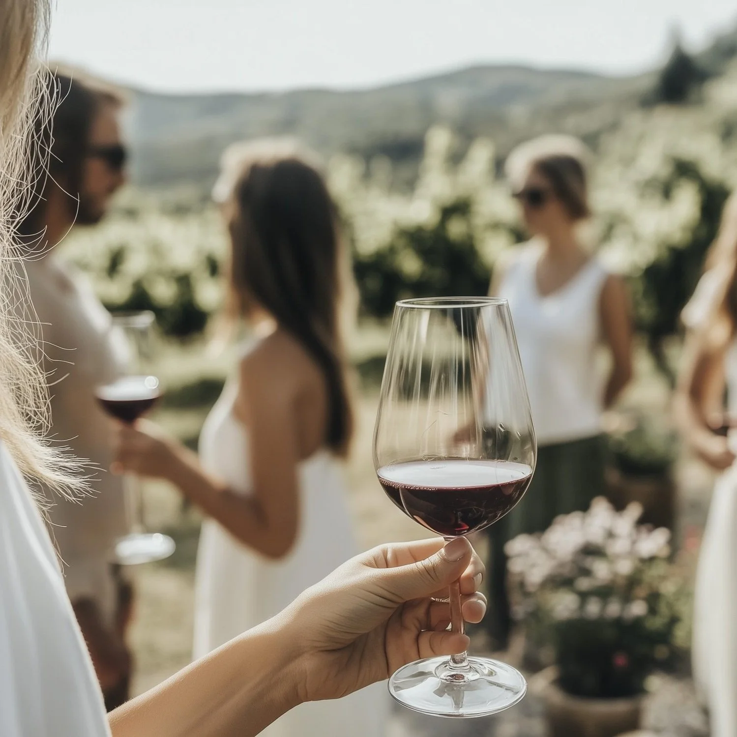 Close-up of a hand holding a glass of red wine with a group of women in white dresses socializing outdoors in the background, possibly at a vineyard or garden.