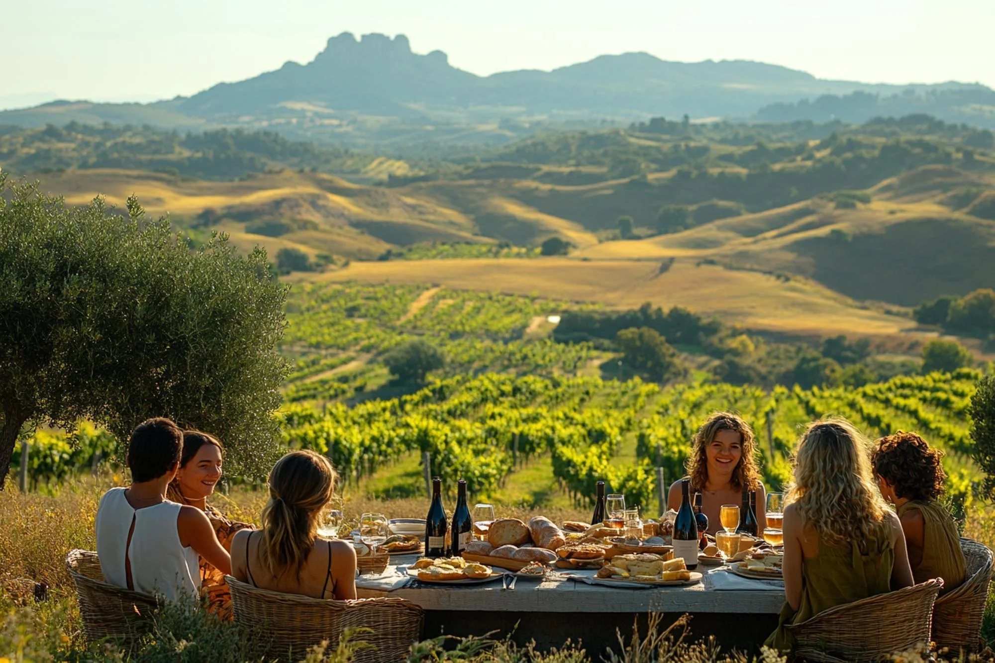 A group of women enjoying a meals at a table outdoors in a vineyard with rolling hills and mountains in the background.