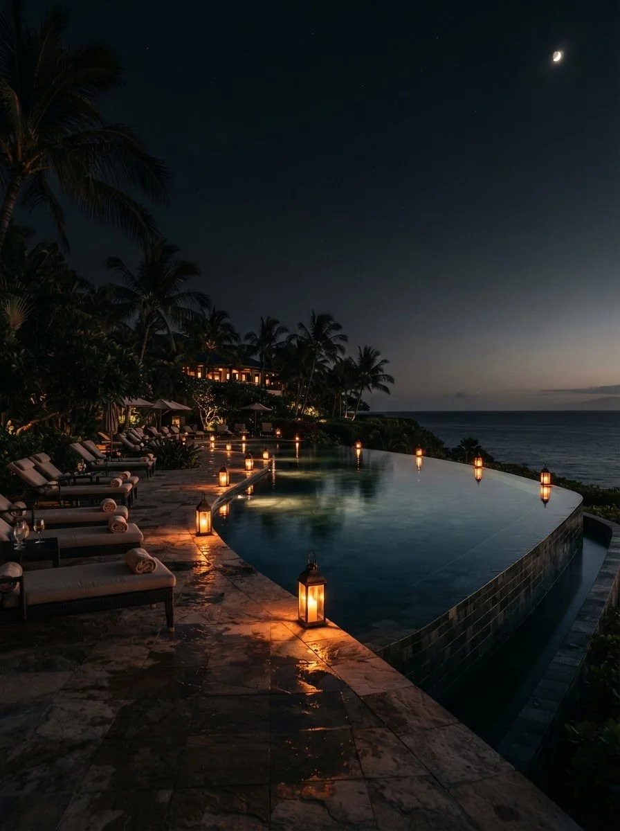 Night view of an infinity pool with lanterns along the edge, surrounded by palm trees, with the ocean and a crescent moon in the sky in the background.