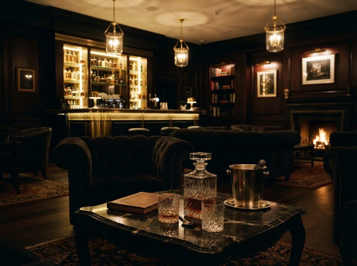 Elegant, dimly lit lounge with dark wood-paneled walls, a marble table with a crystal decanter and glasses, a bookshelf, a fireplace, and pendant lights.