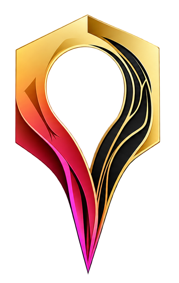 A stylized, abstract trophy with a golden outline, containing pink, red, black, and gold curved design elements, set against a yellow background.