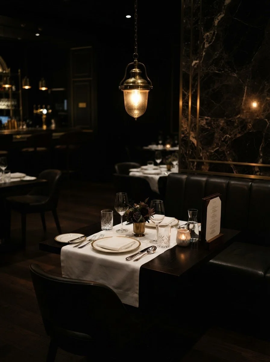 Elegant restaurant table set with white tablecloth, wine glasses, silverware, floral centerpiece, candle, and dinner menu, with dim lighting and dark decor.