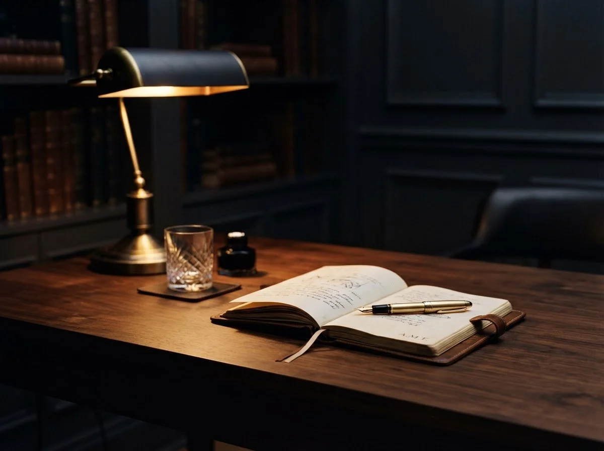 A wooden desk with an open notebook, a pen, a glass of water on a coaster, a bottle of ink, and a brass desk lamp in a dimly lit room with bookshelves in the background.