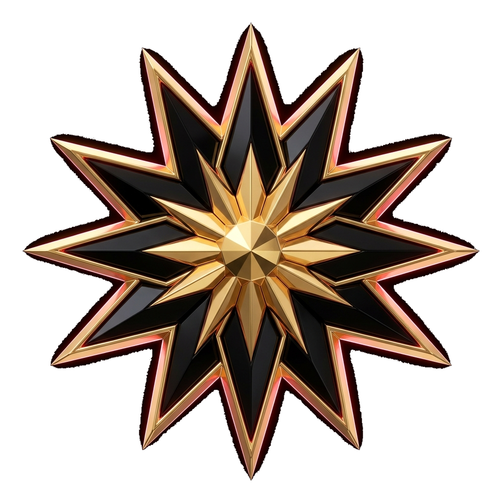 A symmetrical 3D star-shaped object with black, gold, and pink edges, set against a black background.