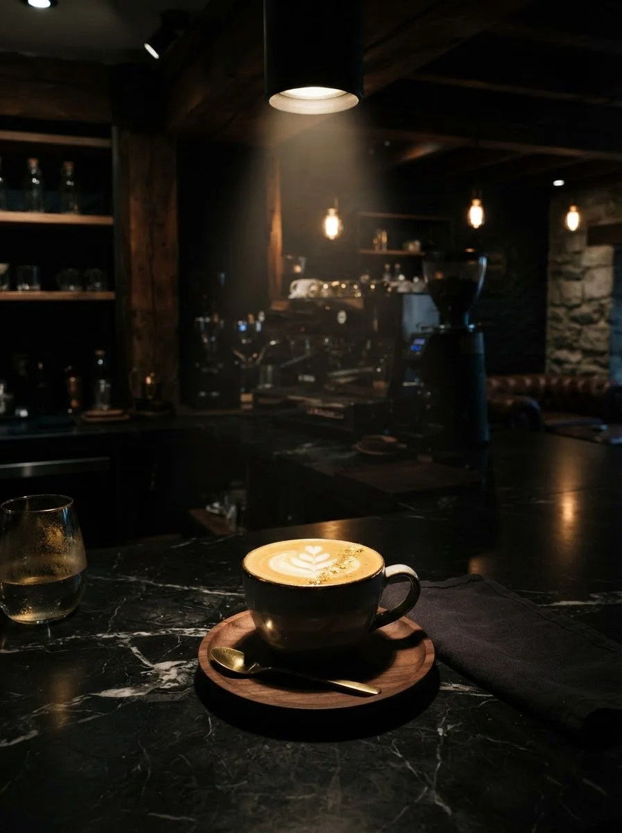 A cup of coffee with latte art on a black marble table, a glass of water, and a spoon on a wooden tray. The background includes a coffee shop counter with espresso machines, shelves with bottles, and warm hanging lights in a cozy, dimly lit cafe setting.
