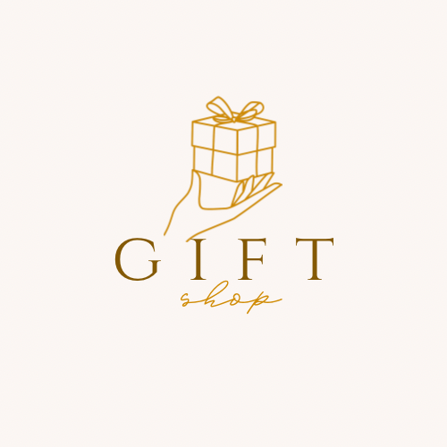 Illustration of a hand holding a wrapped gift box with ribbon above the text 'Gift Shop' in elegant font on a light background.