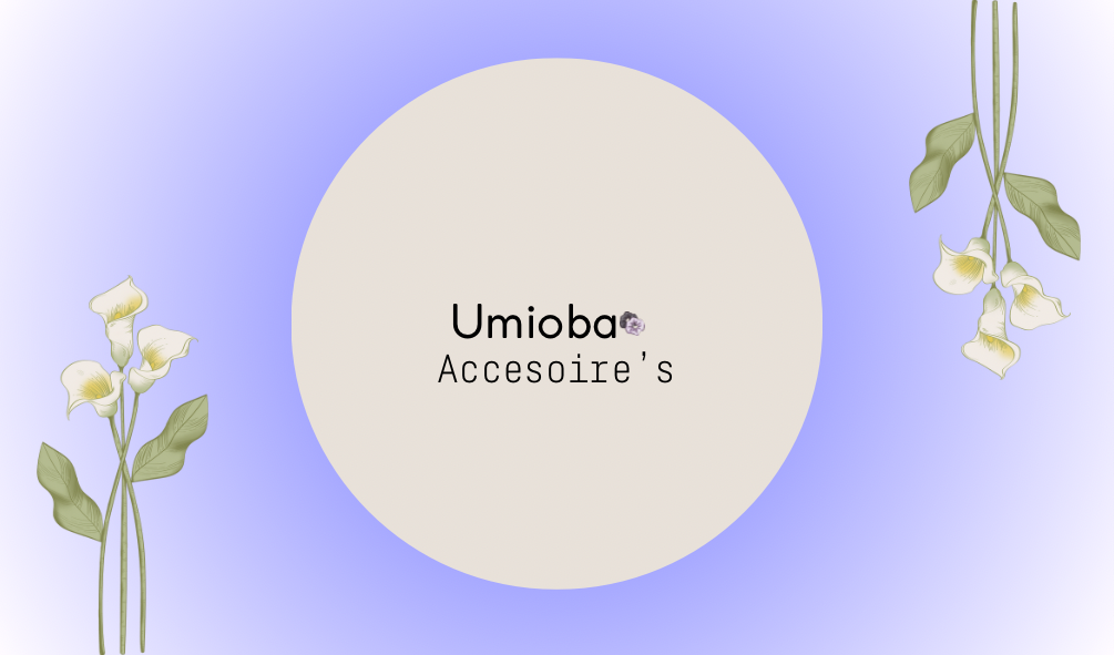 Graphic with the word 'Umioba Accesoire's' in the center, surrounded by floral illustrations and a purple gradient background.