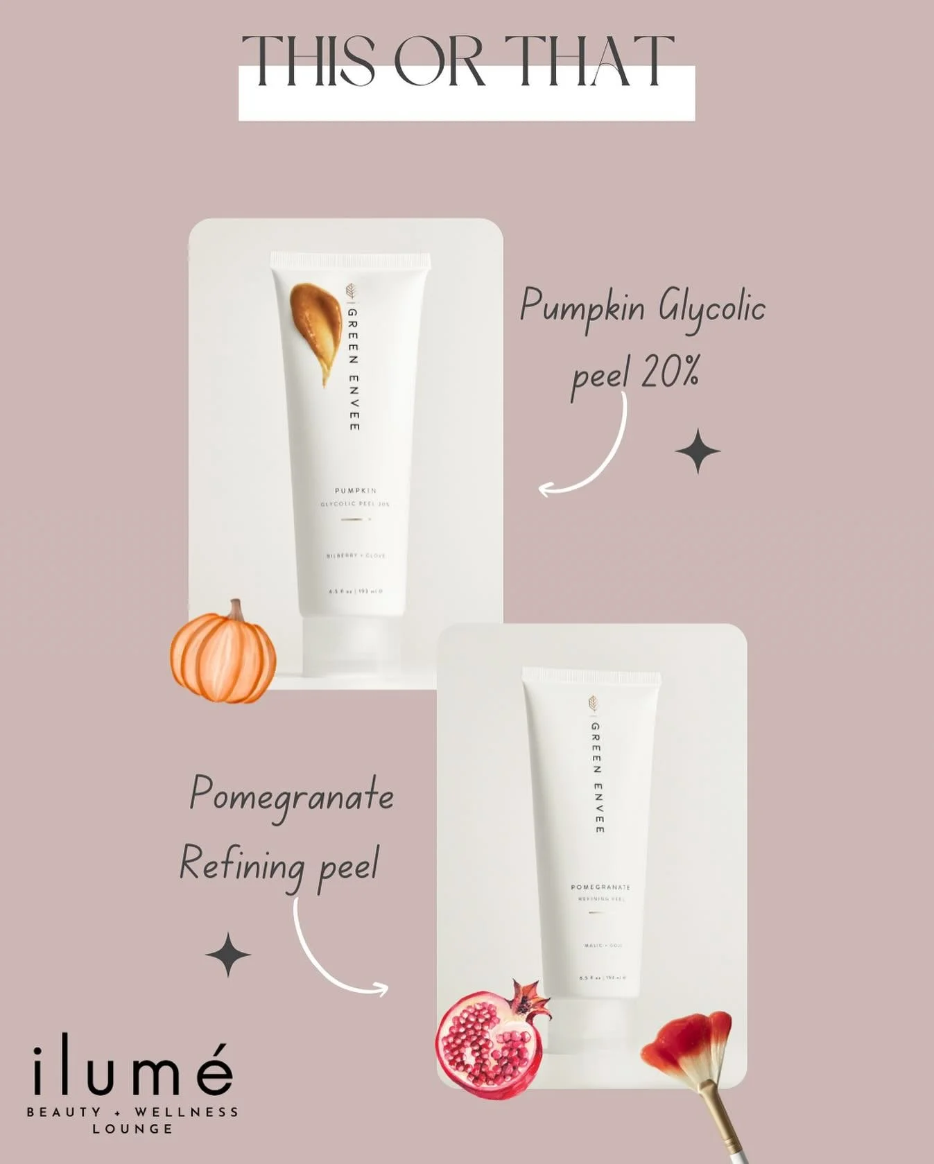 This or That: Peel Edition ✨
Which fall glow are you choosing?

&bull;	Pumpkin Glycolic Peel 20% &rarr; Brightens + resurfaces, helps with uneven tone &amp; fine lines 

&bull;	Pomegranate Refining Peel &rarr; Smooths + tightens pores
Helps fade dark