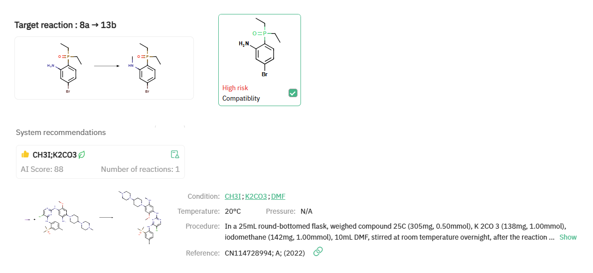 ChemAIRS risk panel for N-methylation of 8a flagging n-BuLi and recommending K₂CO₃ and CH₃I in DMF