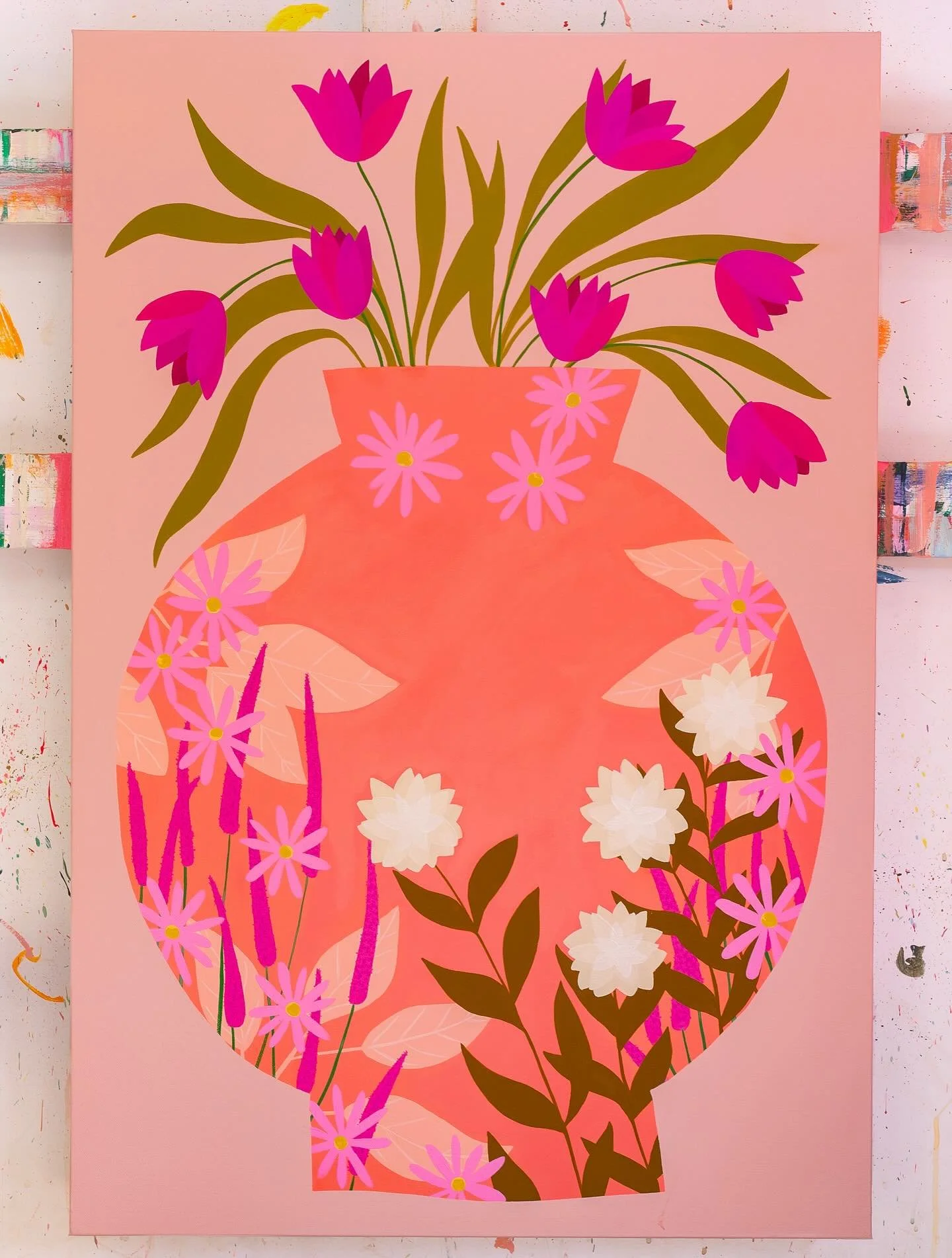 It&rsquo;s been a while since I&rsquo;ve painted one of my signature floral vases, and this color palette was such a fun jump-start for a new batch of work. 🧡
