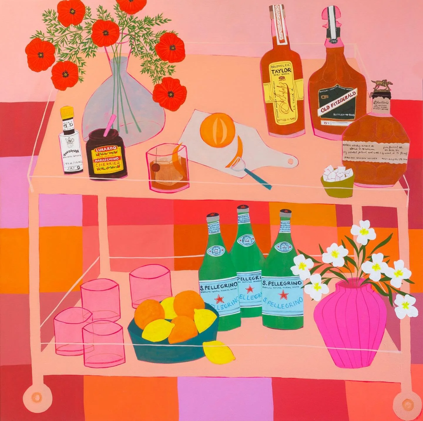 This vivid commission is all finished! Featuring the client&rsquo;s favorite old fashioned ingredients and some family birth flowers. I&rsquo;m opening up some early spring commission slots so reach out if you&rsquo;re interested 🩷