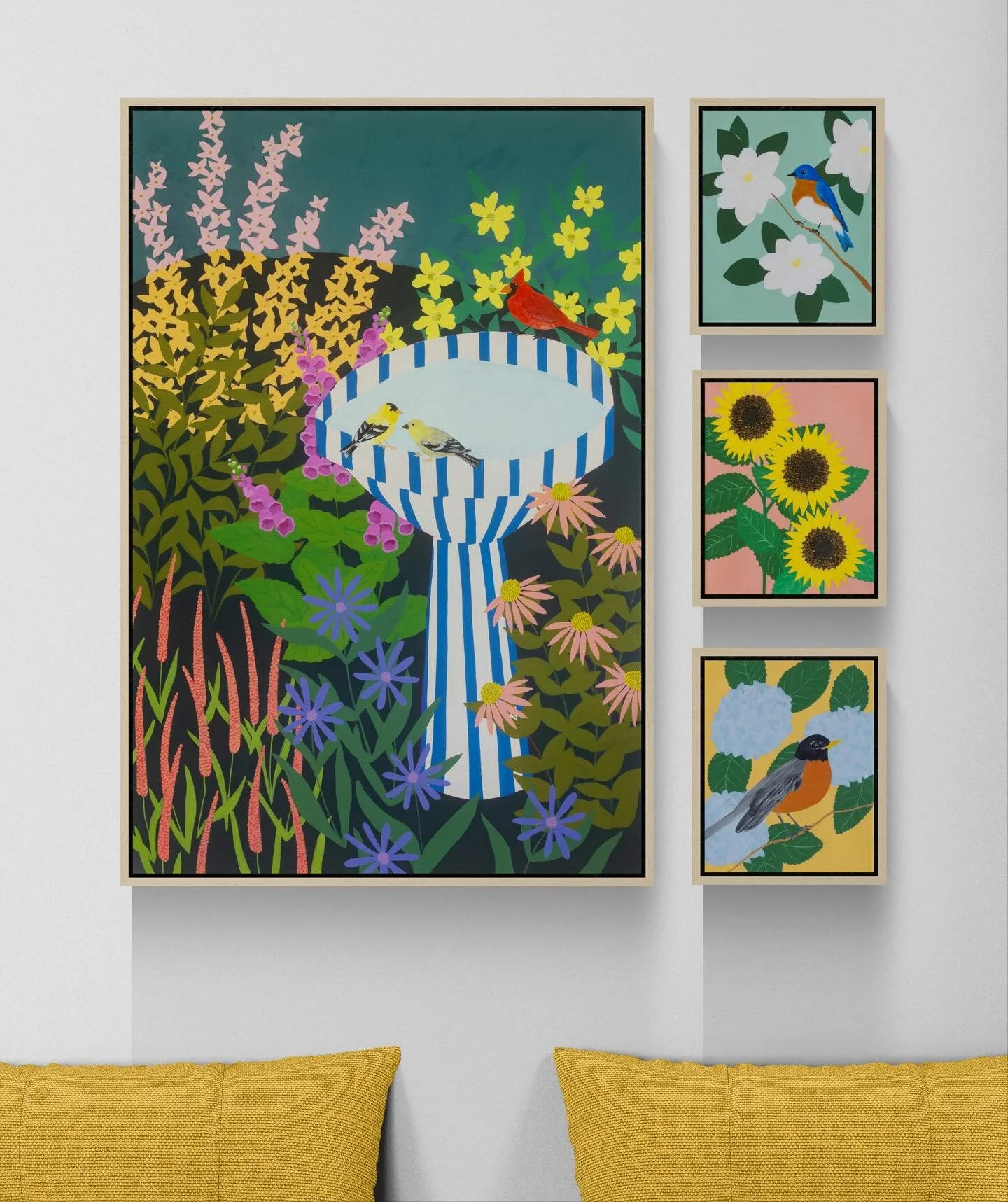 The collector who purchased my &lsquo;Birdbath &amp; Blooms&rsquo; painting wanted to add a few companion pieces to hang alongside it. She suggested some birds and flowers, and I got to work on creating a trio of minis that would complement her origi
