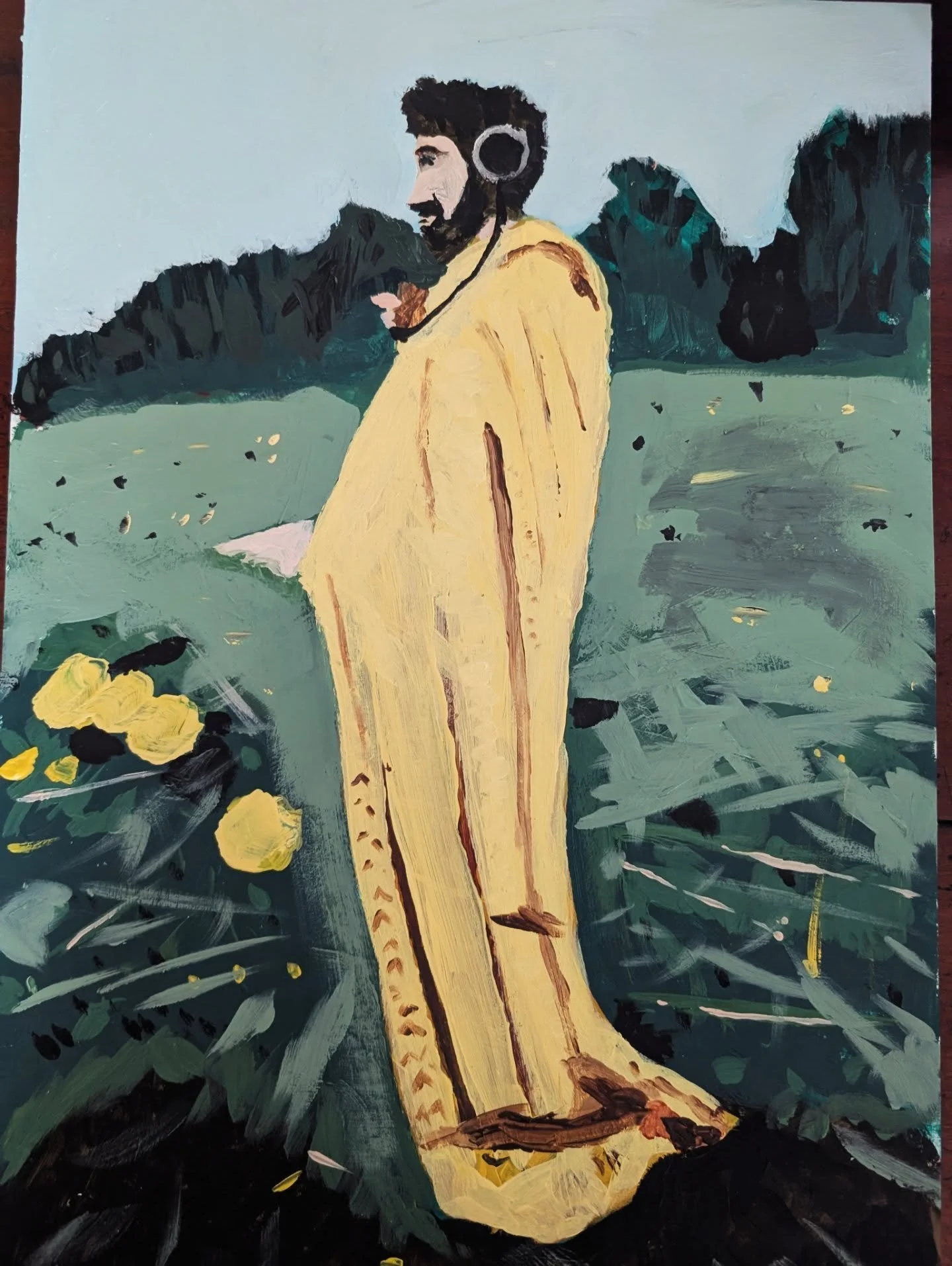 Saint Peter wearing headphones 🎧 
Acrylic on paper 

Here is a painting that I made. 
I haven't been a painter for very long.
But so far I am enjoying it plenty.
I might paint the cloak again, try to get it to glow some more. 🌟 Maybe 

This image i