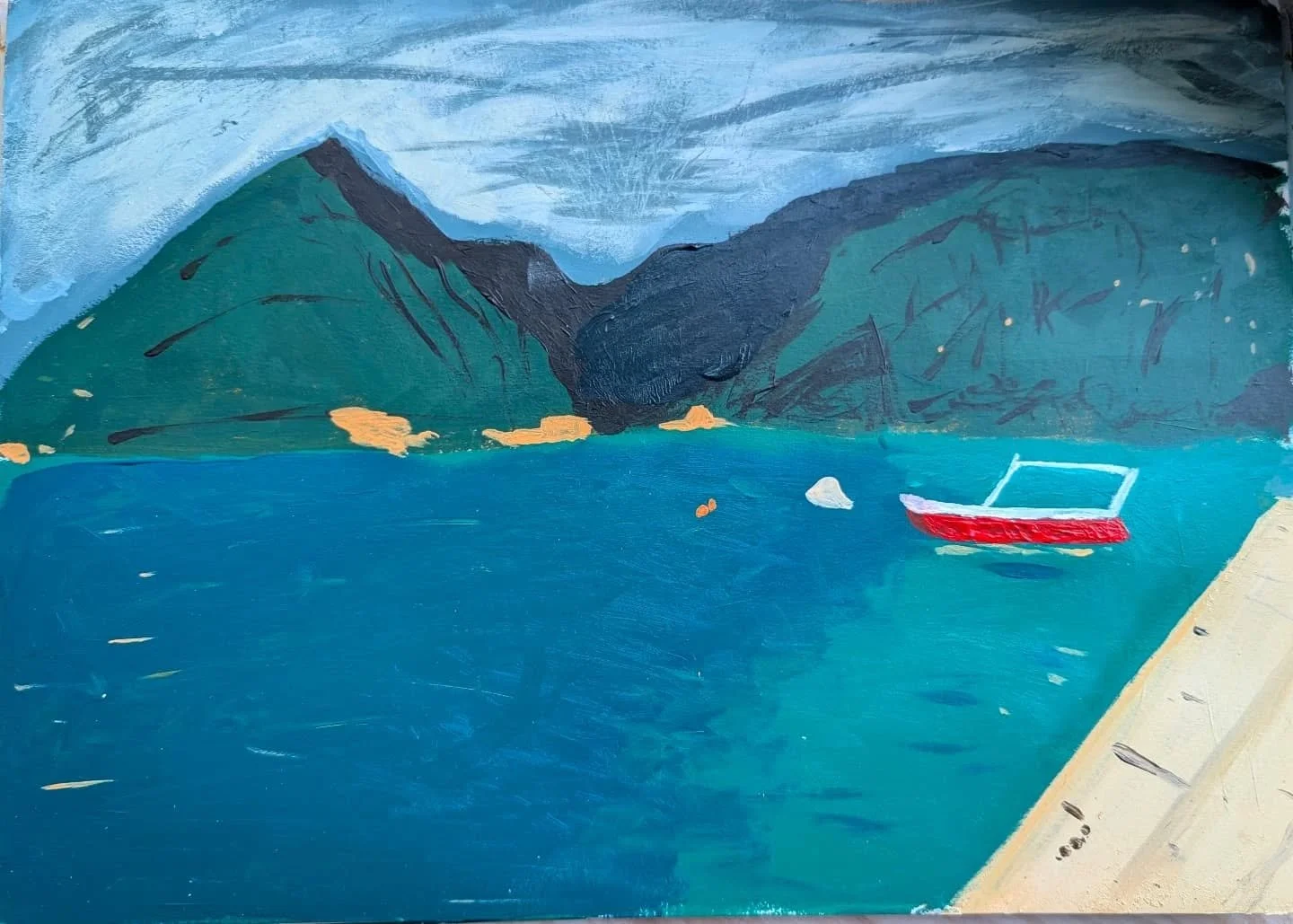 Here are some paintings that I made yesterday. 🖌️ 

1. Red boat Green mountain.
2. Quick portrait of a friend.
3. Drying off