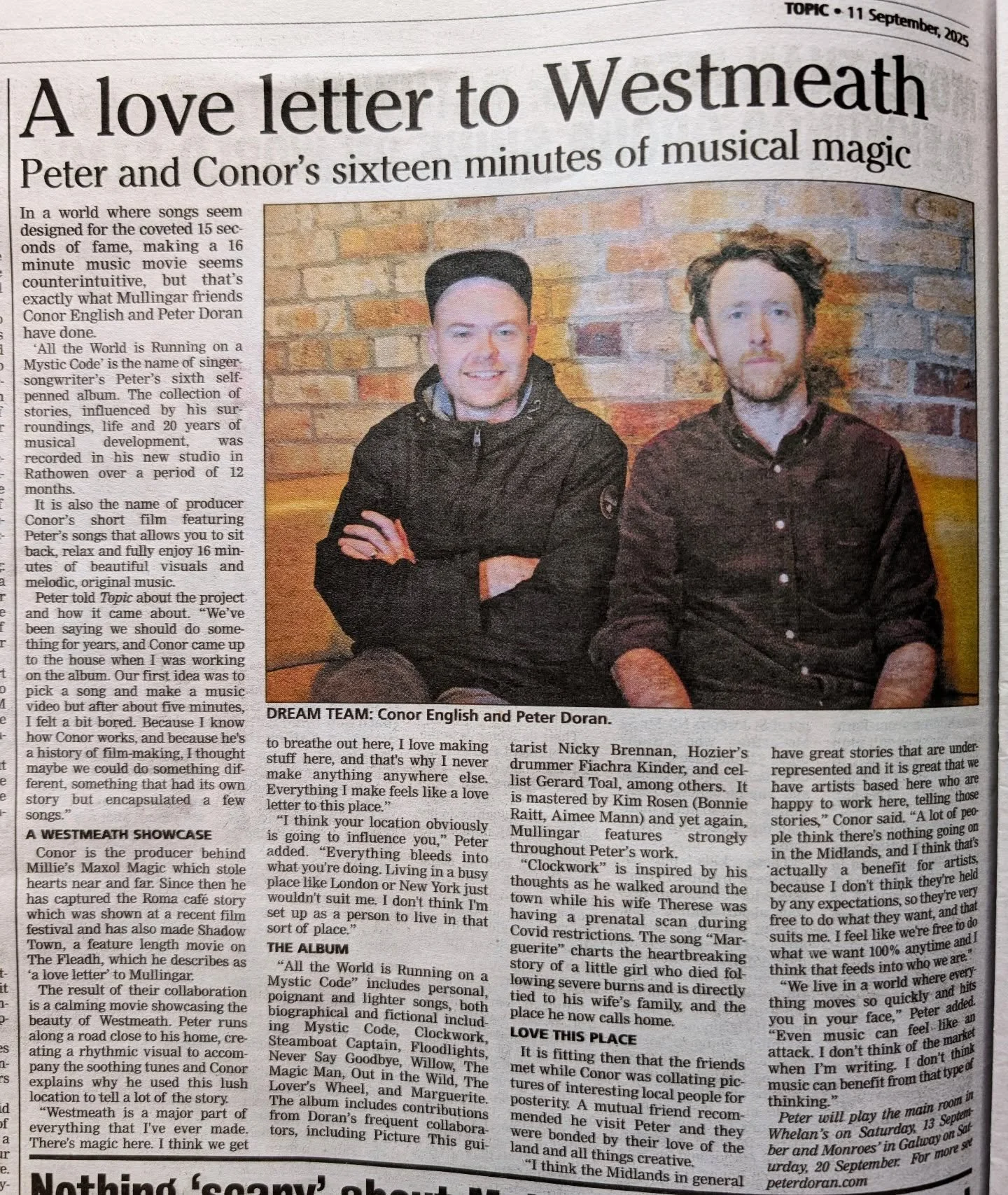 Massive thanks to Lorraine Murphy at the @westmeathtopic for shining a light on the short film Conor English and I made together. It's a 16 minute companion piece to my new record and it's a wonderful dreamy experimental thing. Check it out on peterd
