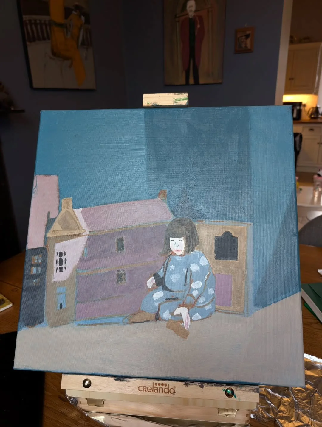 Hayley in pyjamas, playing with the dolllhouse.
Nearly there.
Acrylic on canvas.

#peterpainterpaintingpictures
#painting 
#acrylic 
#child