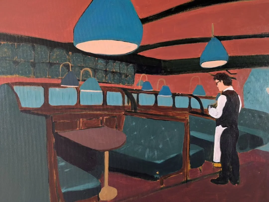 New painting.
May add a vase of flowers and a shadow or two. 
Grand job.

Acrylic on canvas.