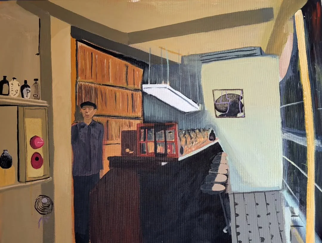 I reckon this is pretty much done now.
This is Miya in the Little Soul Cafe,in Tokyo.
I've never been there, but was inspired by a photo that my  main man Conor English sent to me recently,,,
Little Soul Cafe is a listening bar with over 14,000 vinyl