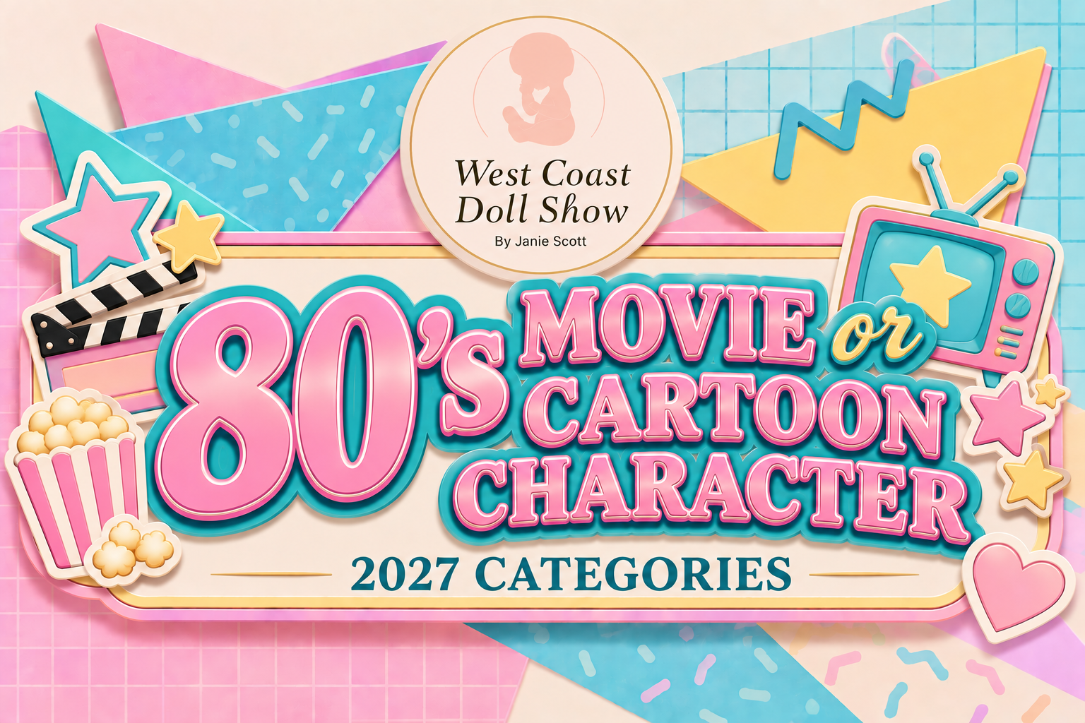 Cover of a book titled '80's Movie or Cartoon Character' with 2027 categories, decorated with popcorn, stars, a TV, and vibrant pastel-colored geometric shapes.