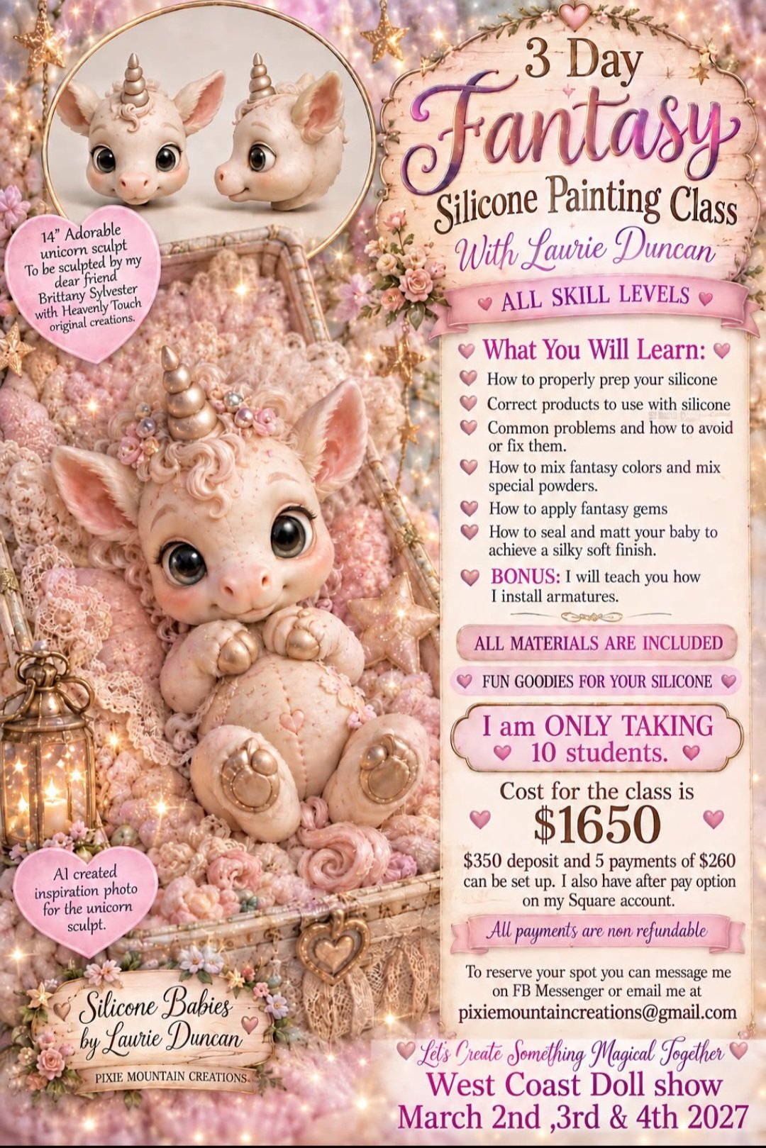 Advertisement for a 3-day silicone unicorn sculpture and painting class with Laurie Duncan, featuring images of a cute silicone unicorn trinket and a baby unicorn sculpture surrounded by pink and gold decorations.