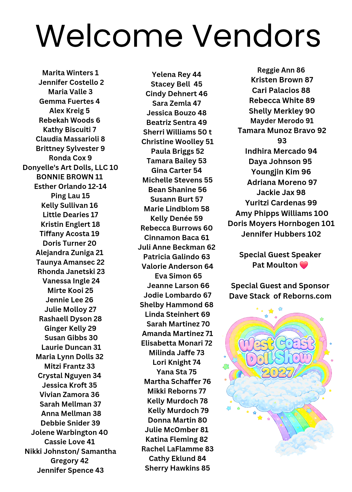 List of vendor names and numbers with a logo for the West Coast Doll Show 2023 at the bottom right corner featuring a rainbow, clouds, stars, and a heart.