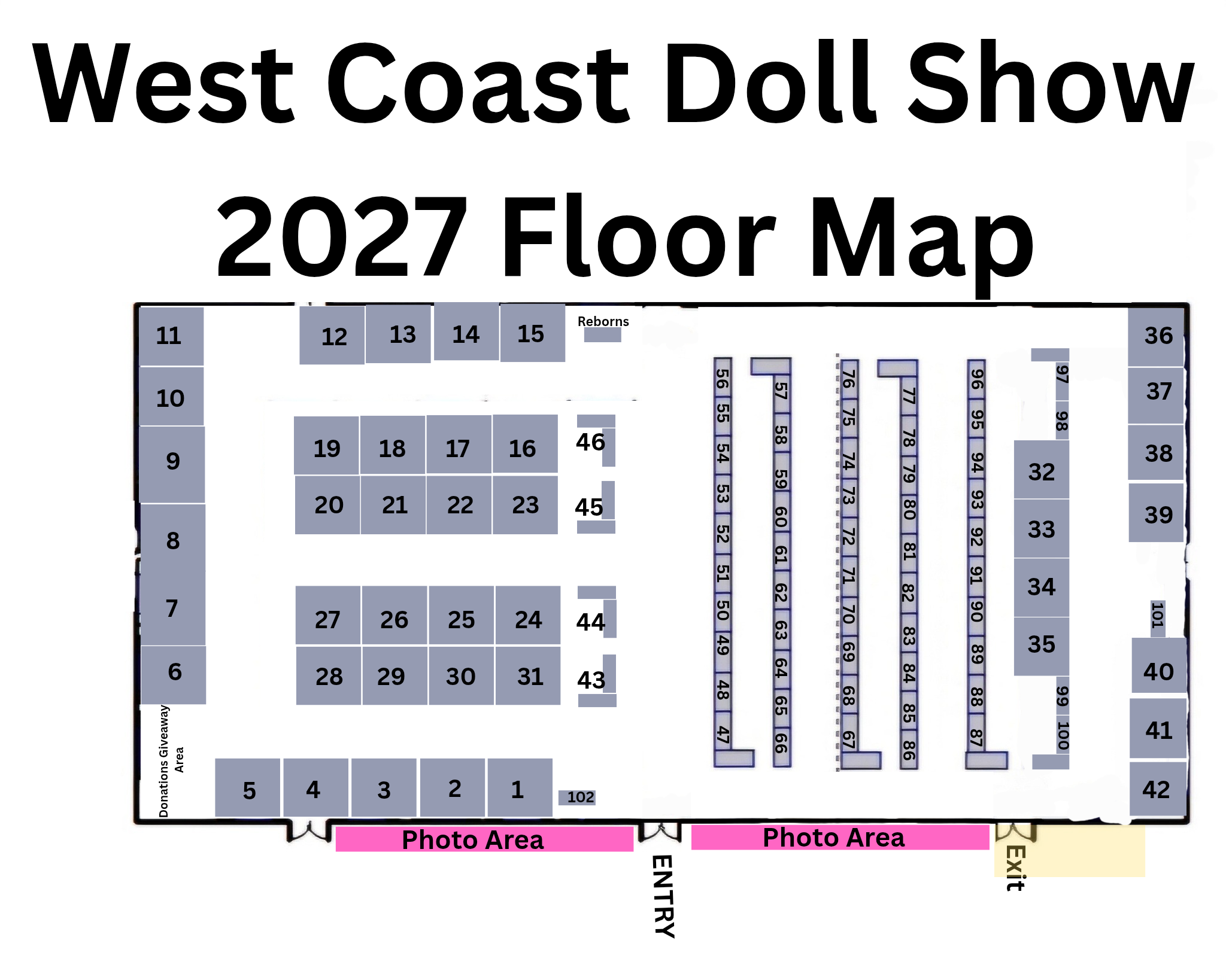Map of West Coast Doll Show 2023 with labeled booth numbers and designated photo areas.