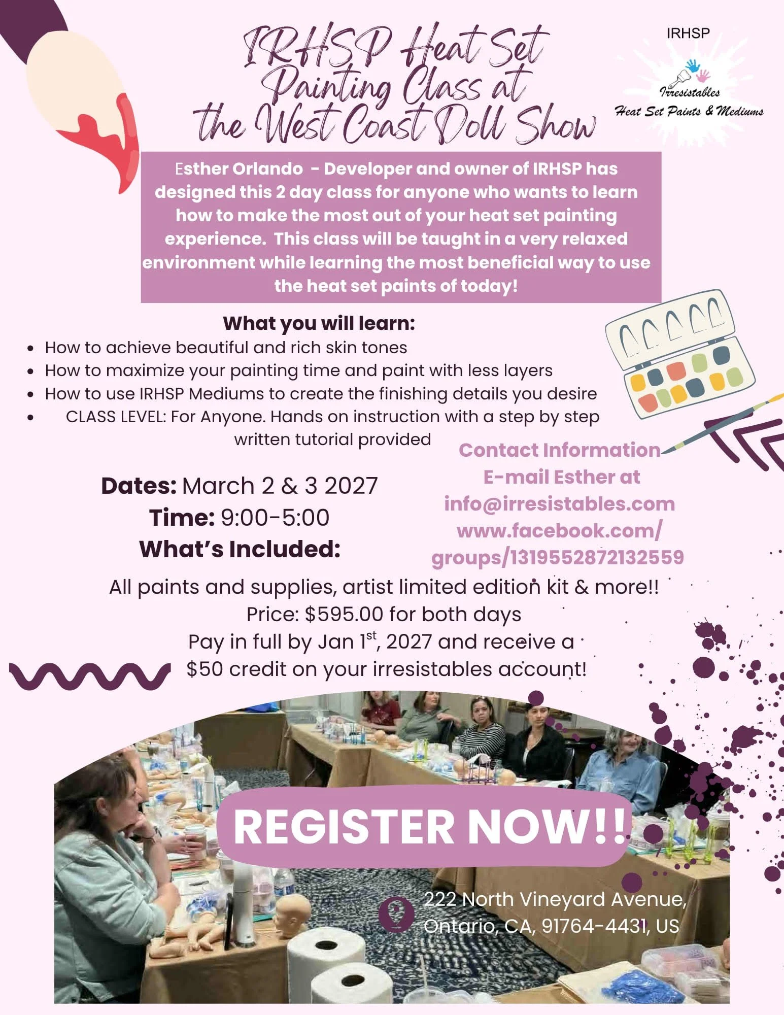 Photo of a promotional flyer for a heat set painting class at the West Coast Doll Show, featuring details about the event, instructor Esther Orlando, dates March 2-3, 2027, and a group of people attending a workshop