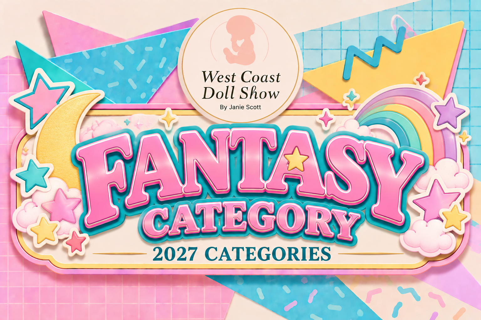 Colorful cover of a book titled 'Fantasy Category' with 2027 categories; includes a pink, yellow, blue, and purple palette with stars, clouds, a rainbow, a moon, and geometric shapes.