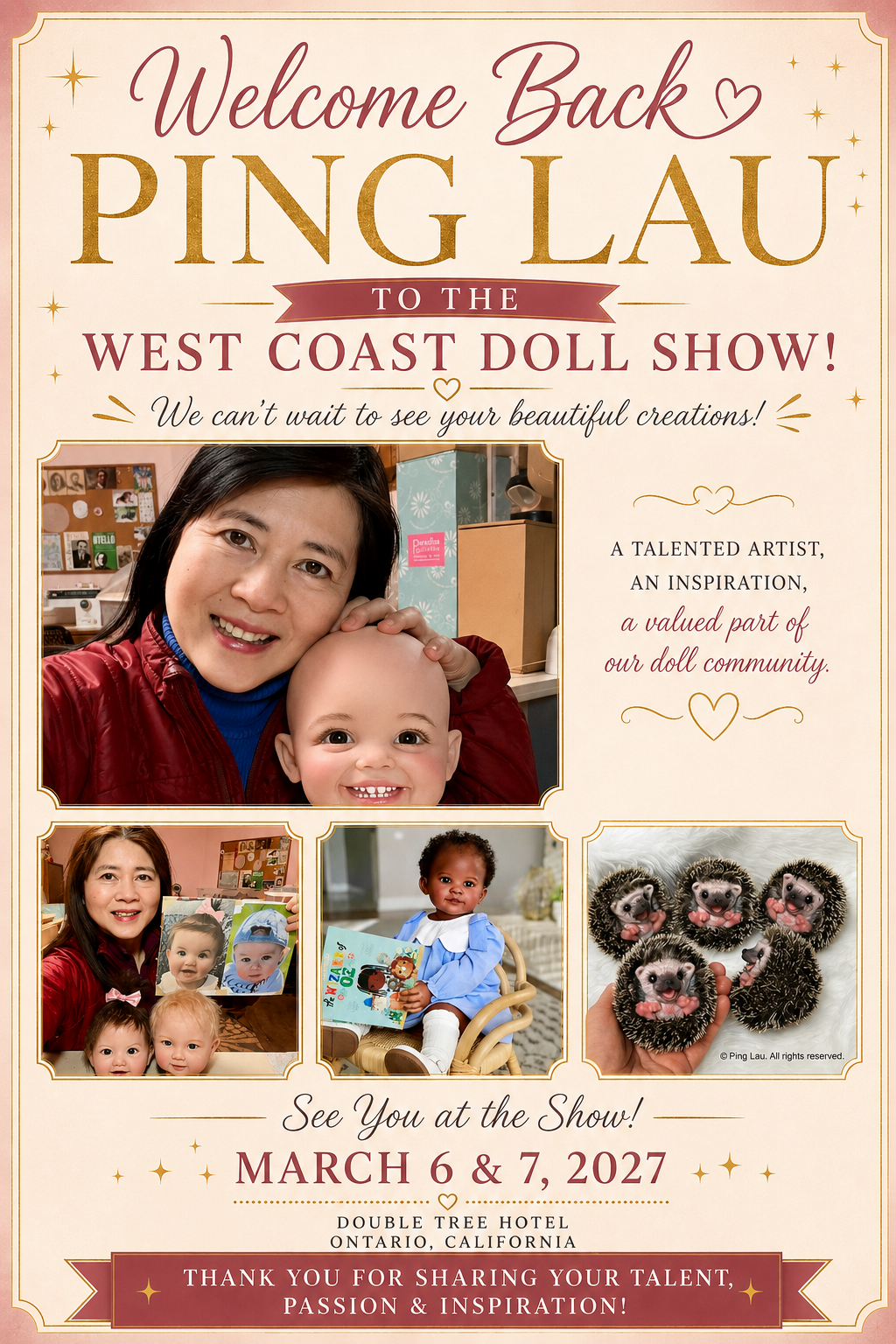 Event flyer for the Ping Lau West Coast Doll Show, featuring photos of artists and dolls, with details about the event dates (March 6-7, 2027) at the Double Tree Hotel in Ontario, California, and expressions of gratitude for talented artists.