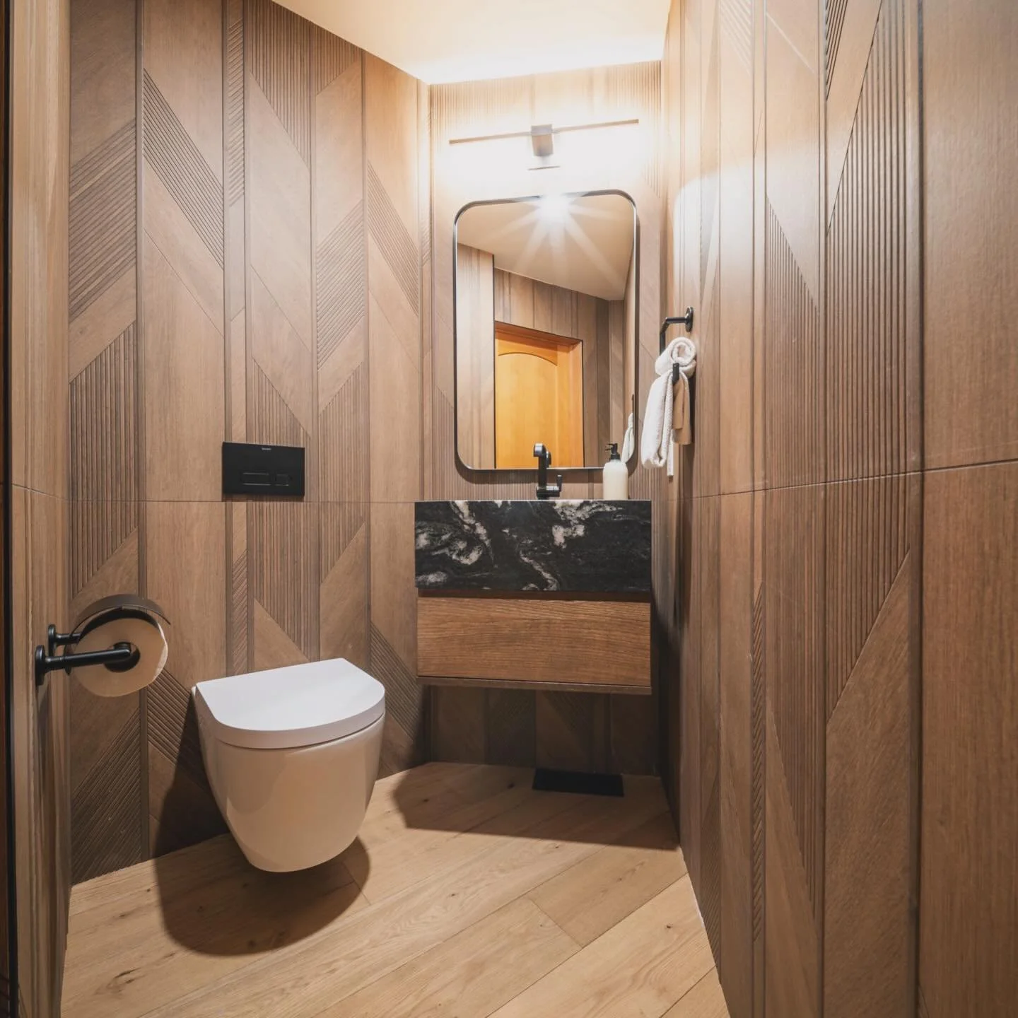 Loving this wall tile. Design by @russellandrusselldesignstudios . #tile #powderroom #renovation #columbiavalleybc